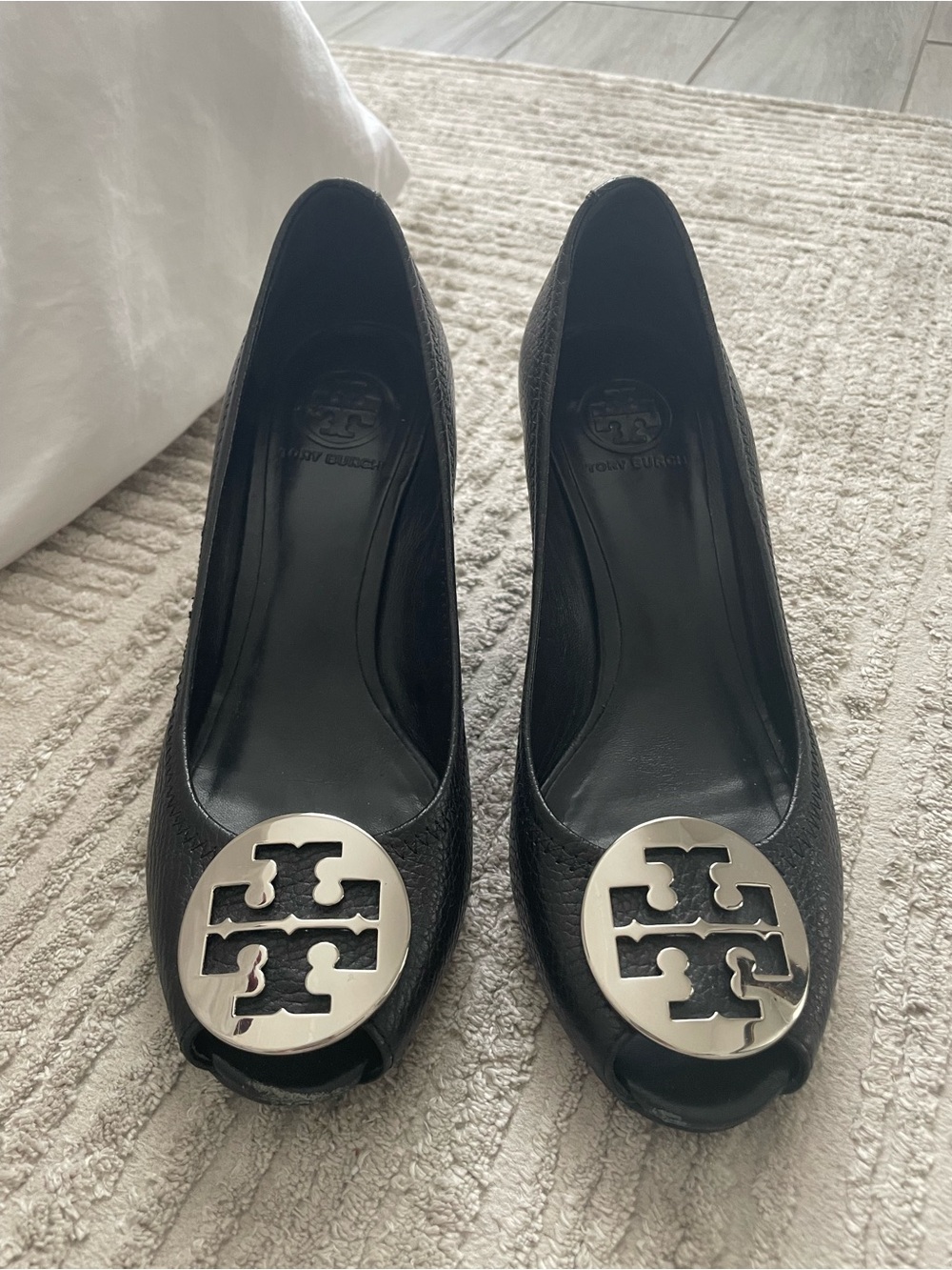 Tory Burch Black Leather Peep-Toe Heels with Silver Logo Medallion